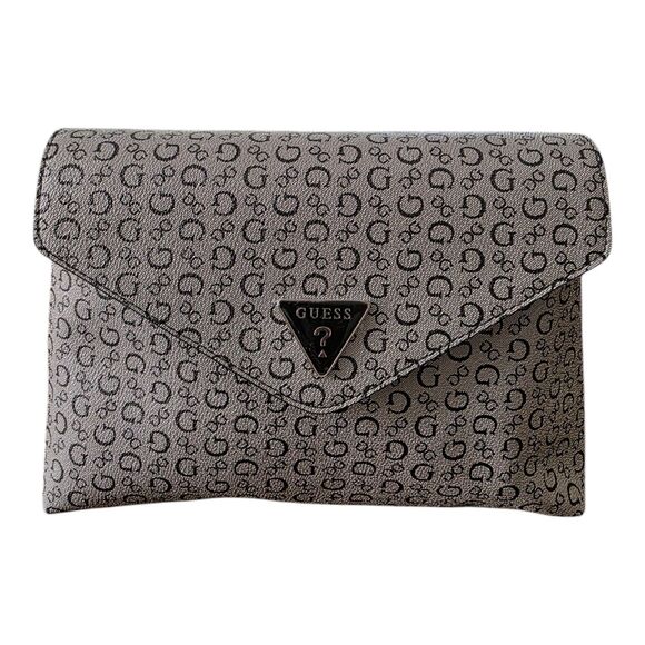 GUESS Clutch Bag Gray Black Logo Print Envelope Purse Women’s Handbag - Picture 5 of 14